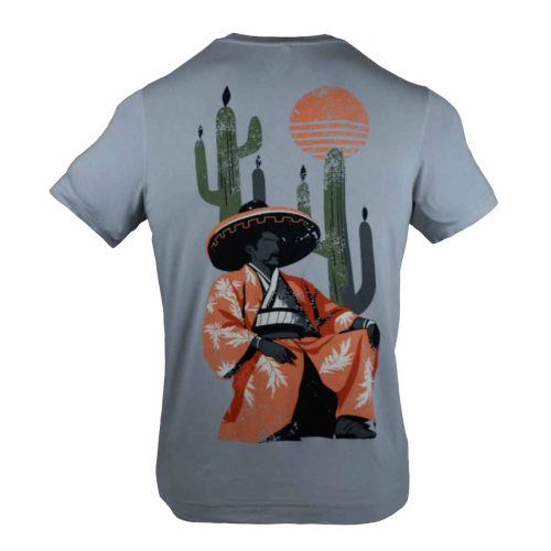 Playera gris de hombre en manga corta con estampado estilo México japonés